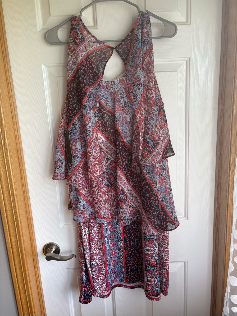 Relativity One-Shoulder Ruffle Dress in Red and Blue Paisley - Picture 2 of 5
